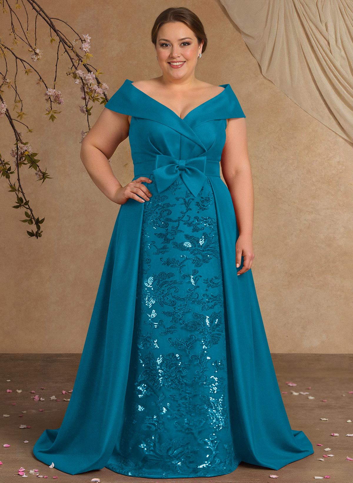 Elegant Off-The-Shoulder Overskirt Sweep Train Satin Mother Of The Bride Dresses With Lace
