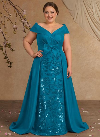Elegant Off-The-Shoulder Overskirt Sweep Train Satin Mother Of The Bride Dresses With Lace