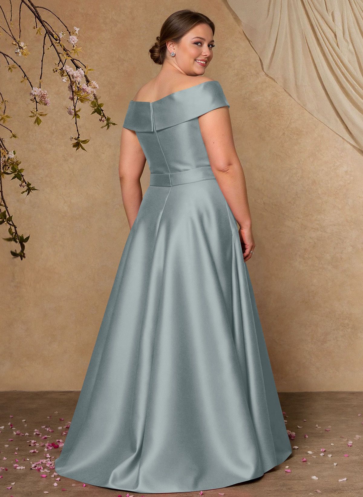 Elegant Off-The-Shoulder Overskirt Sweep Train Satin Mother Of The Bride Dresses With Lace