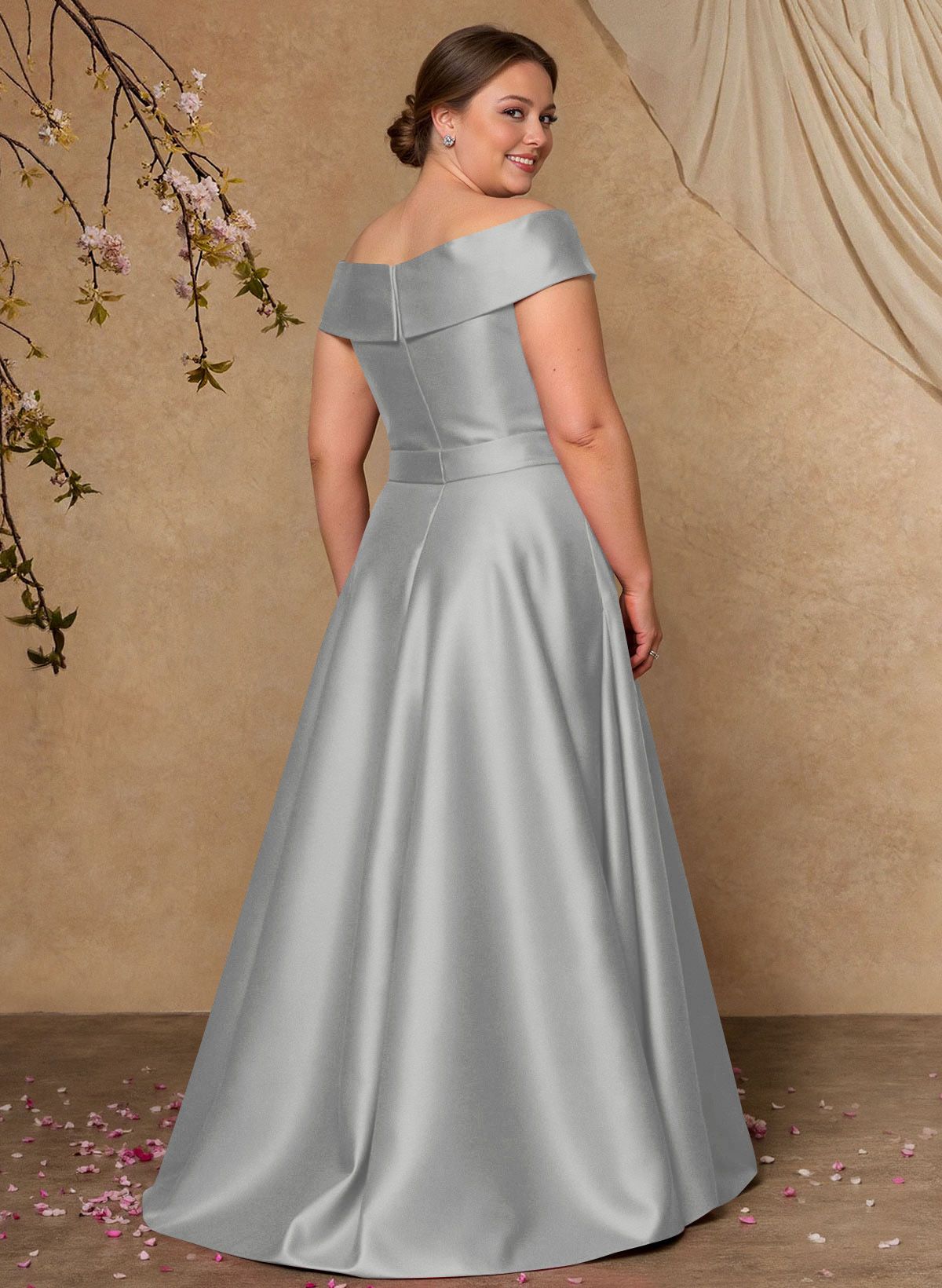 Elegant Off-The-Shoulder Overskirt Sweep Train Satin Mother Of The Bride Dresses With Lace