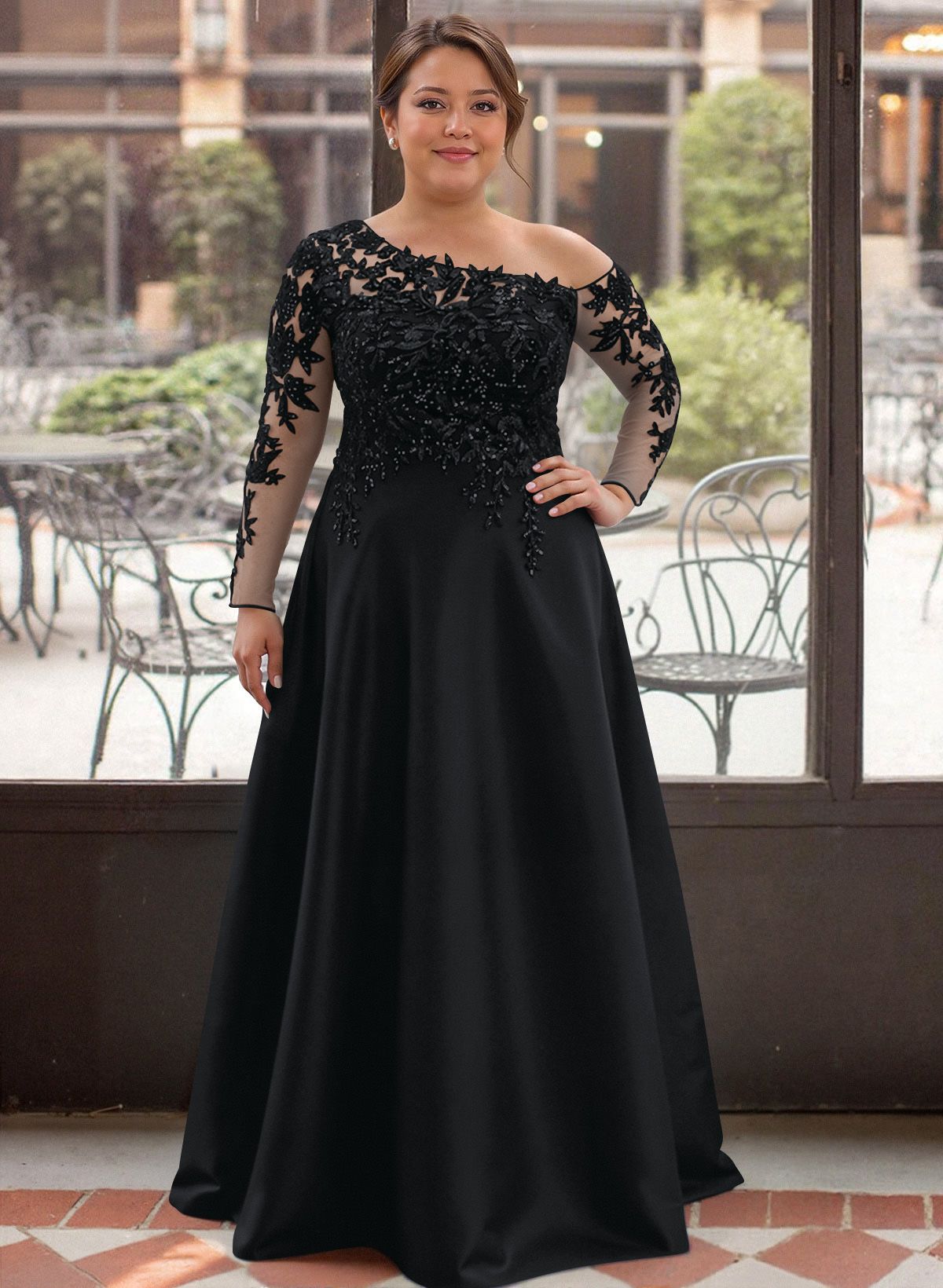 Exquisite Semi Sheer Illusion Lace Applique Sleeves Mother Of The Bride Dresses