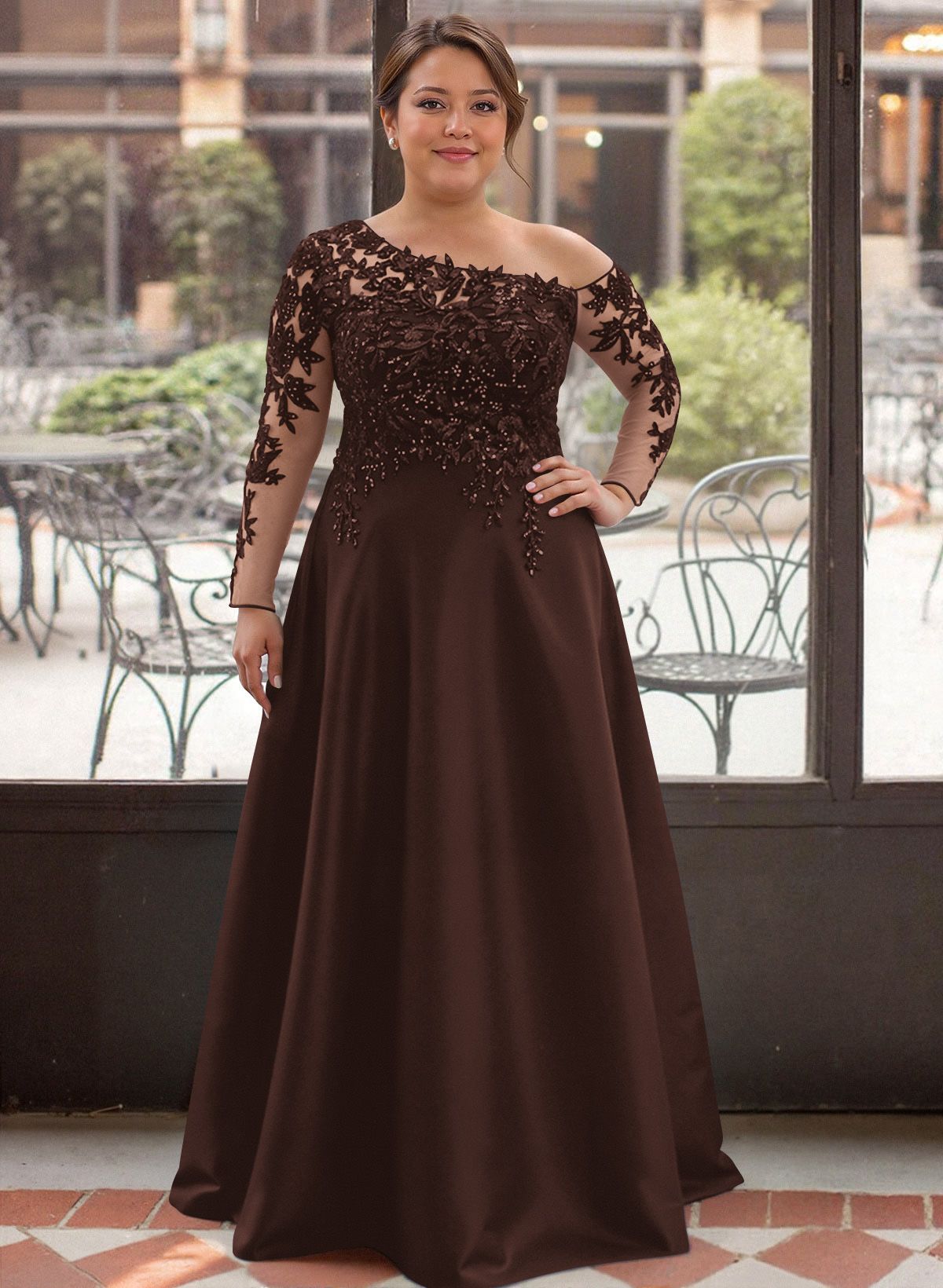 Exquisite Semi Sheer Illusion Lace Applique Sleeves Mother Of The Bride Dresses