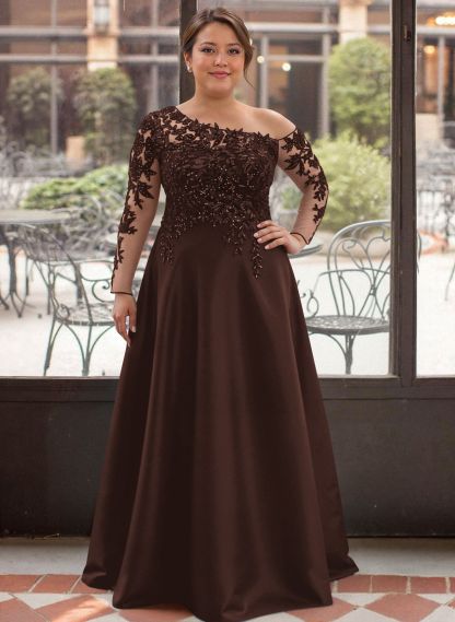 Exquisite Semi Sheer Illusion Lace Applique Sleeves Mother Of The Bride Dresses