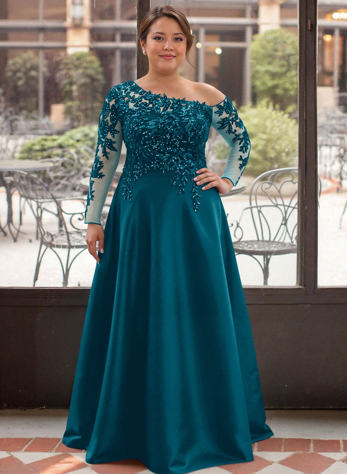 Exquisite Semi Sheer Illusion Lace Applique Sleeves Mother Of The Bride Dresses