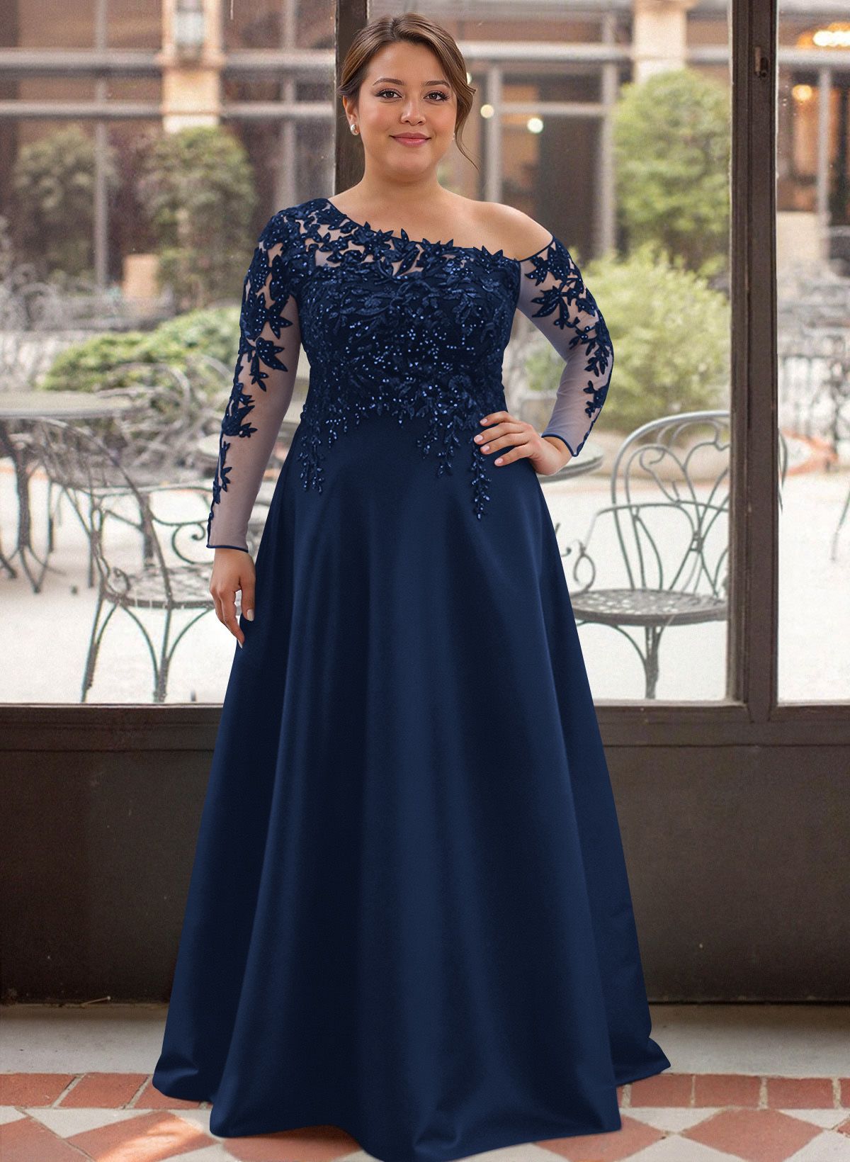 Exquisite Semi Sheer Illusion Lace Applique Sleeves Mother Of The Bride Dresses