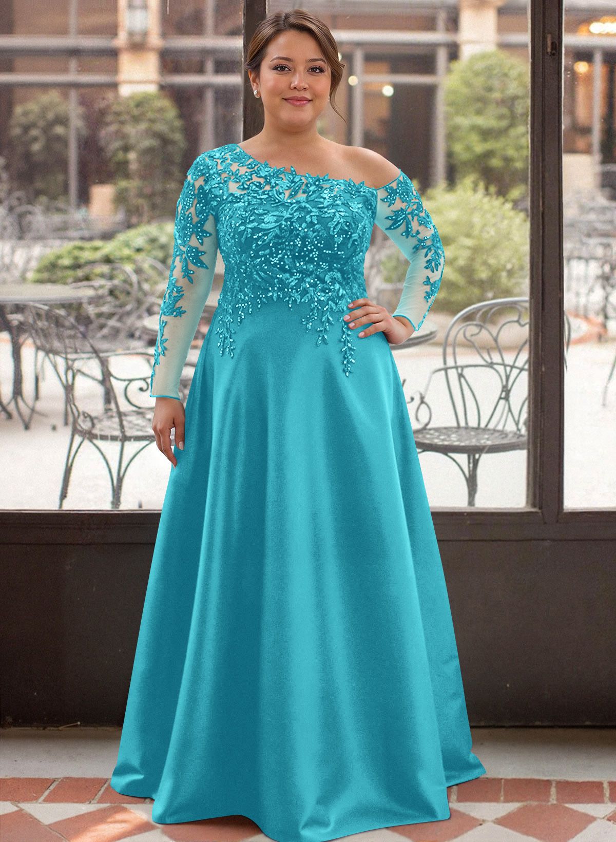 Exquisite Semi Sheer Illusion Lace Applique Sleeves Mother Of The Bride Dresses