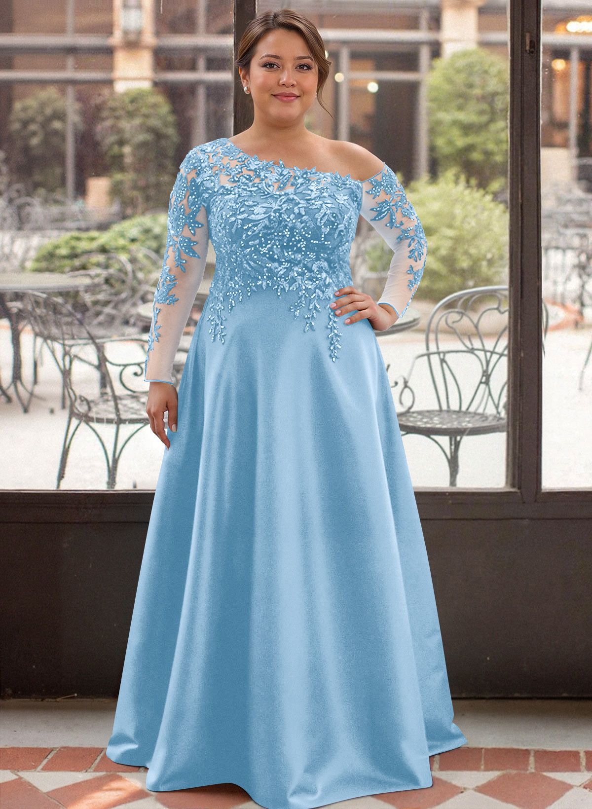 Exquisite Semi Sheer Illusion Lace Applique Sleeves Mother Of The Bride Dresses