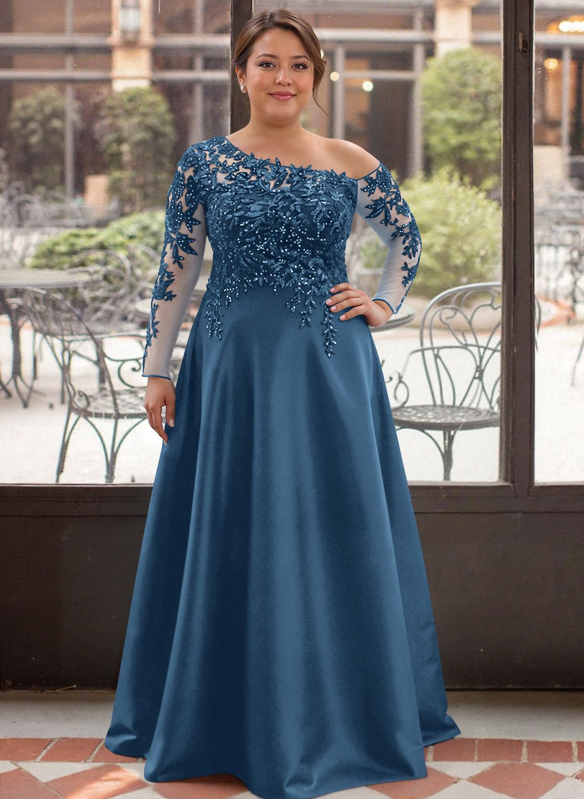 Exquisite Semi Sheer Illusion Lace Applique Sleeves Mother Of The Bride Dresses