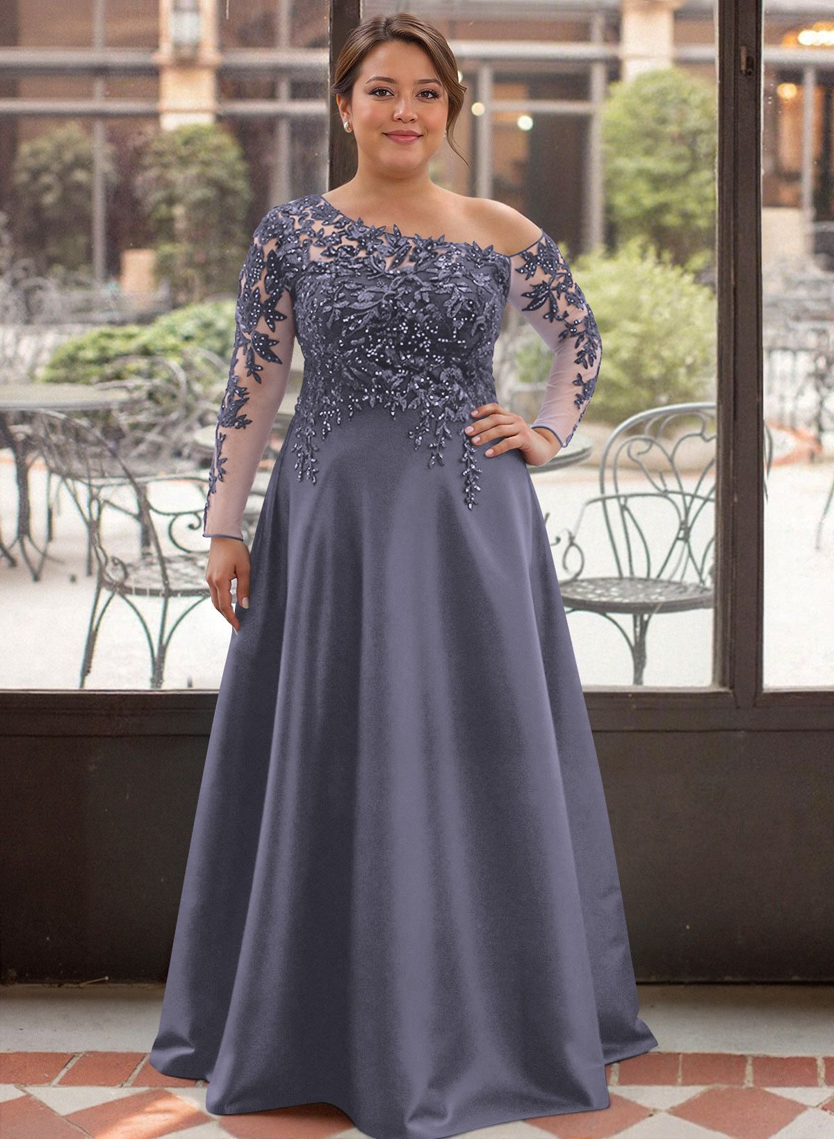 Exquisite Semi Sheer Illusion Lace Applique Sleeves Mother Of The Bride Dresses