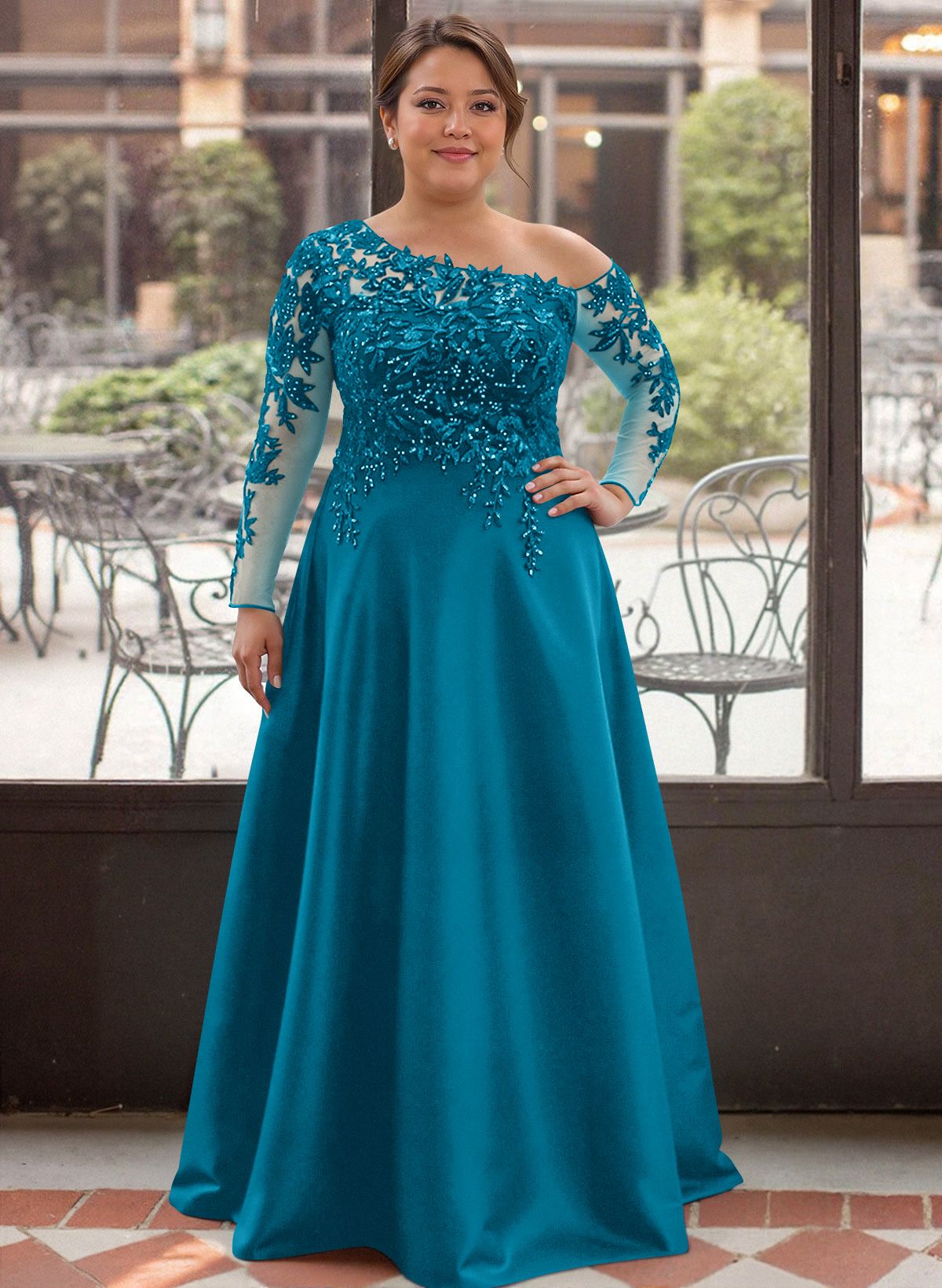 Exquisite Semi Sheer Illusion Lace Applique Sleeves Mother Of The Bride Dresses