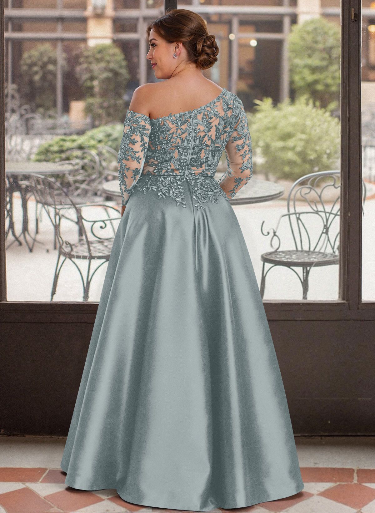 Exquisite Semi Sheer Illusion Lace Applique Sleeves Mother Of The Bride Dresses