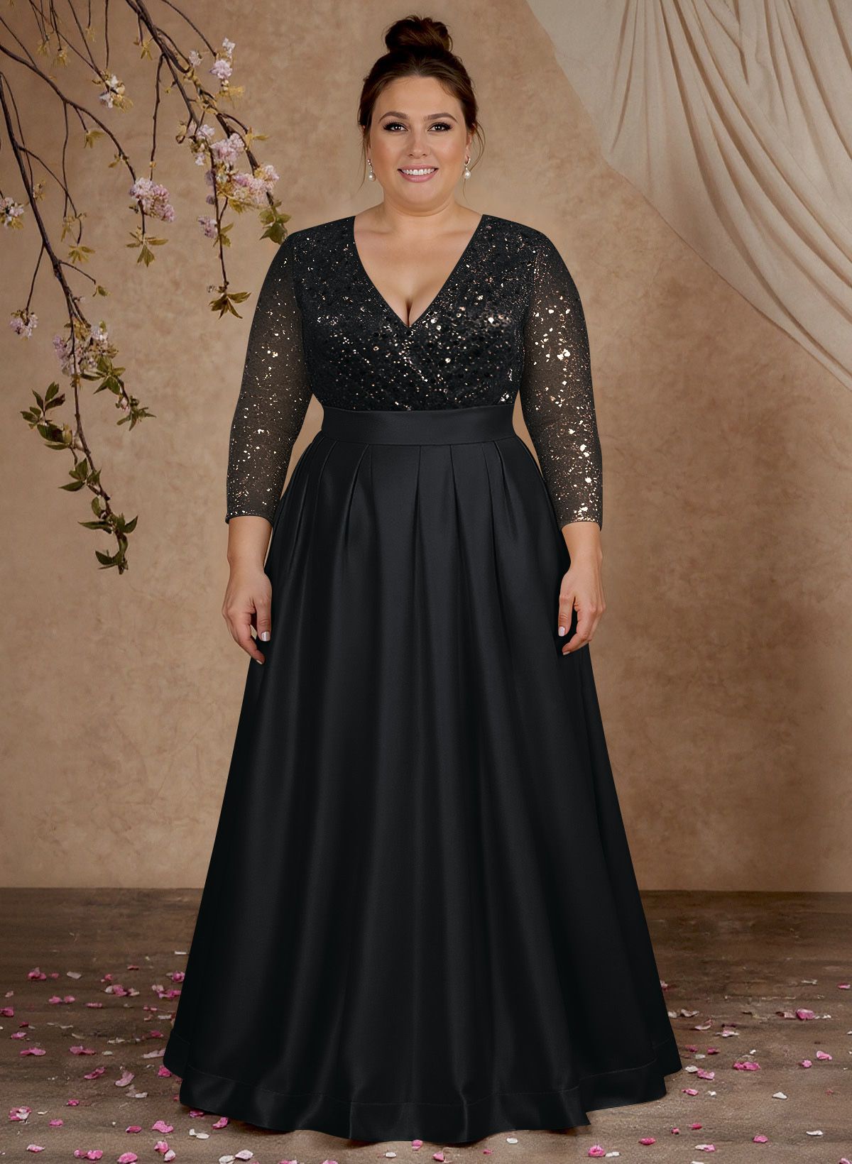 A-Line V-Neck Long Sleeves Satin/Sequined Mother Of The Bride Dresses With Pleated