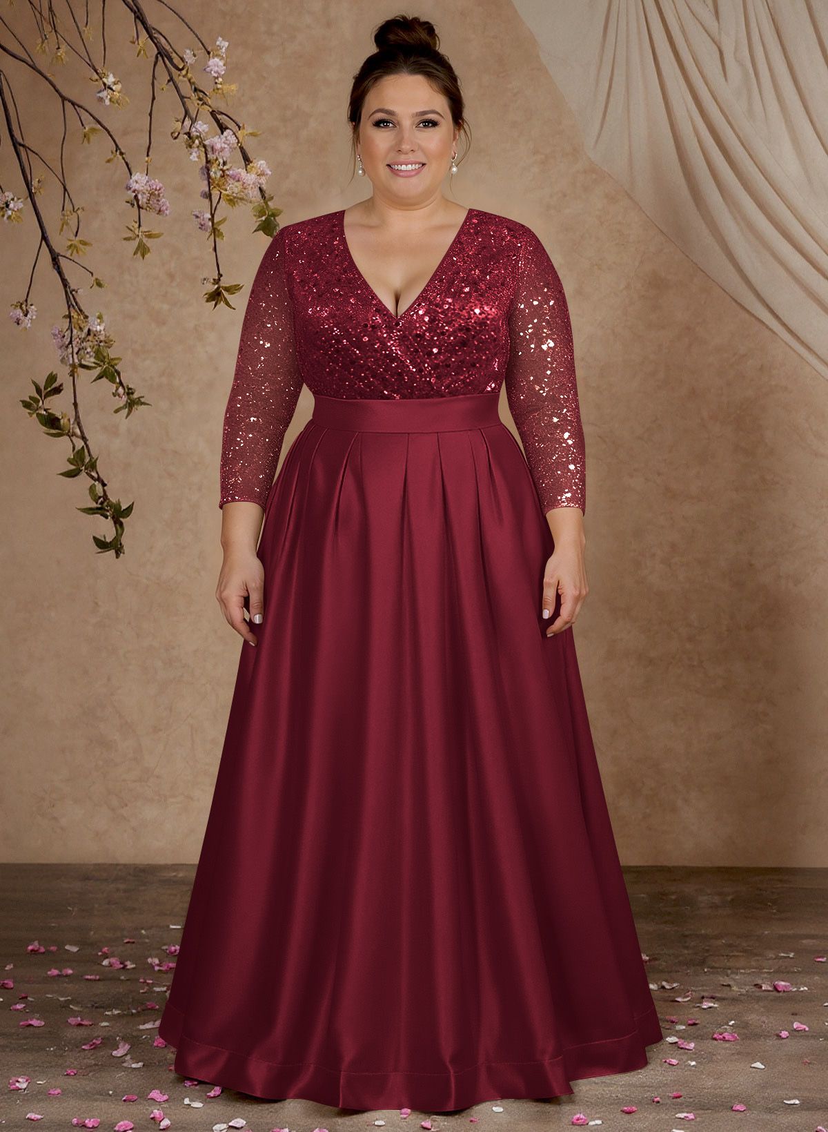 A-Line V-Neck Long Sleeves Satin/Sequined Mother Of The Bride Dresses With Pleated