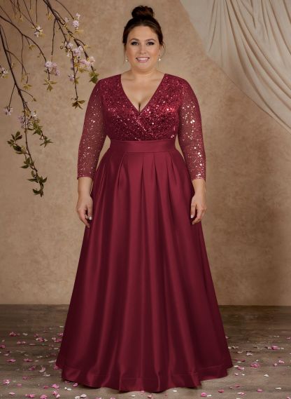 A-Line V-Neck Long Sleeves Satin/Sequined Mother Of The Bride Dresses With Pleated