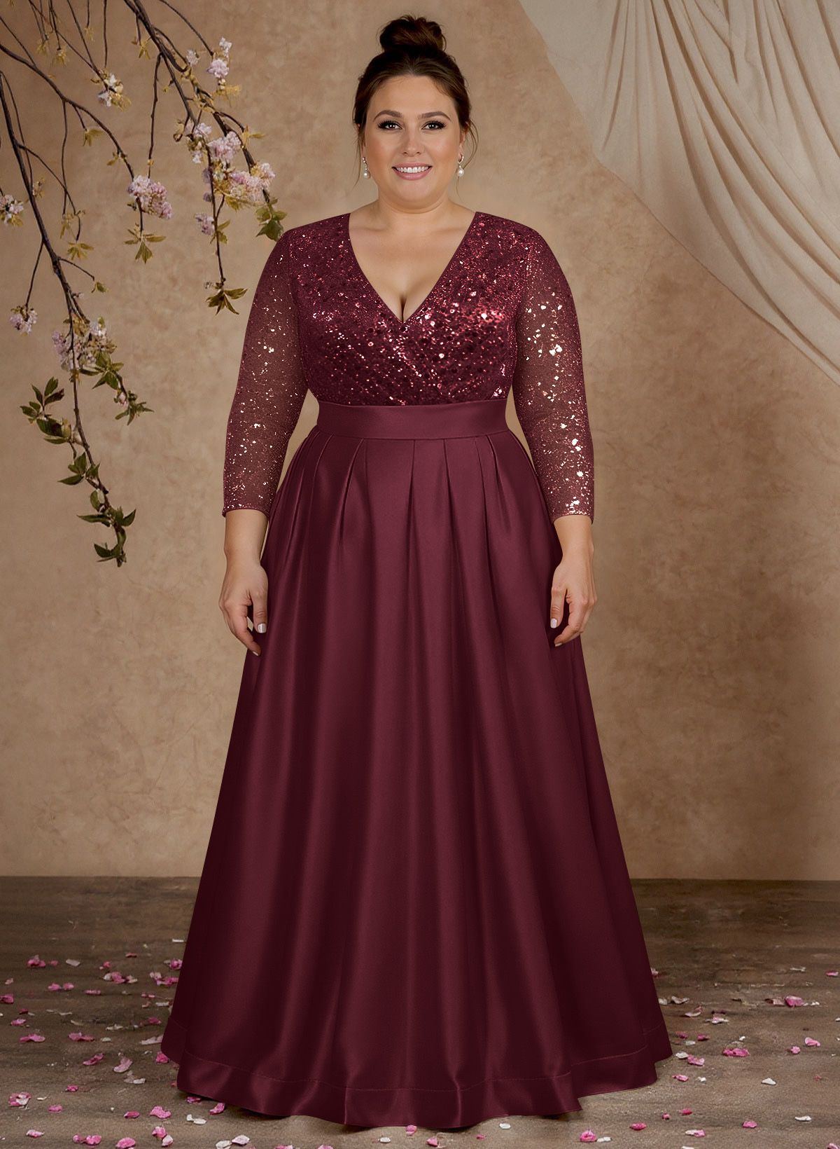 A-Line V-Neck Long Sleeves Satin/Sequined Mother Of The Bride Dresses With Pleated