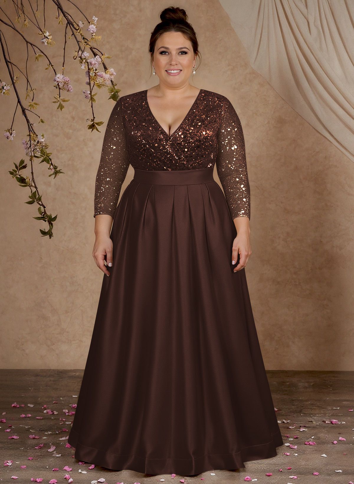 A-Line V-Neck Long Sleeves Satin/Sequined Mother Of The Bride Dresses With Pleated