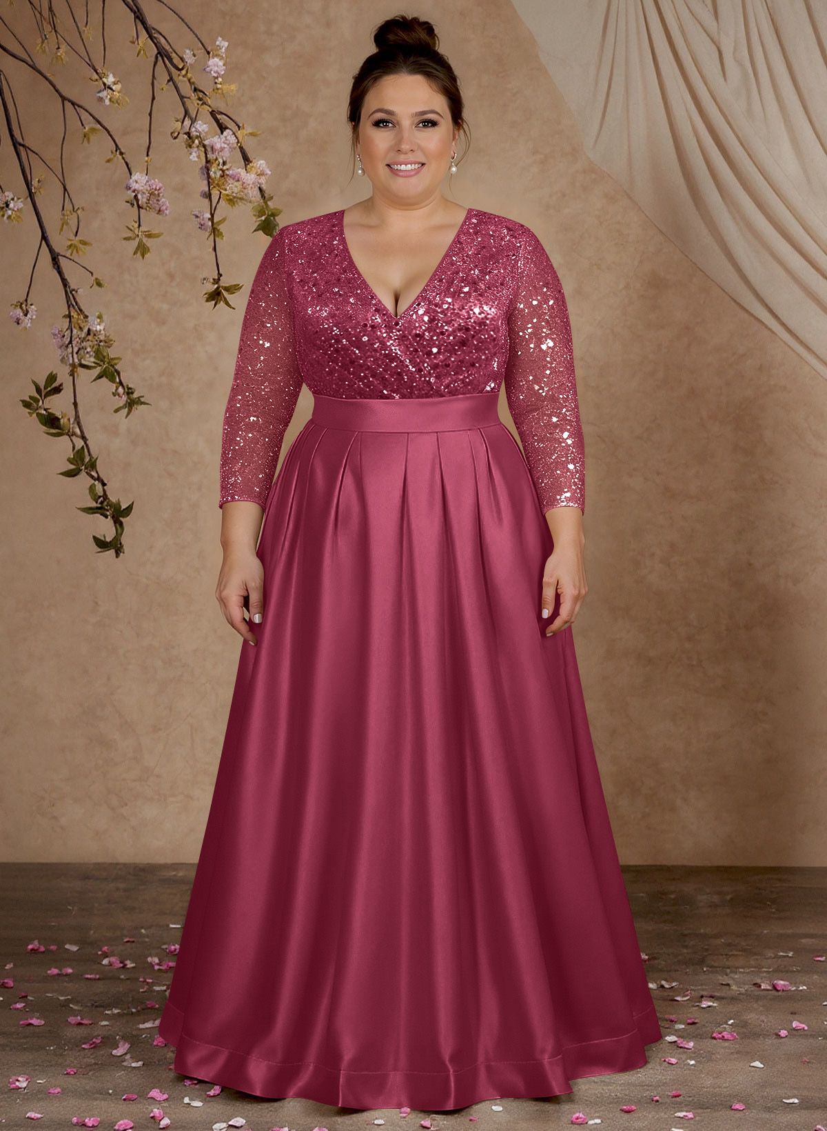 A-Line V-Neck Long Sleeves Satin/Sequined Mother Of The Bride Dresses With Pleated