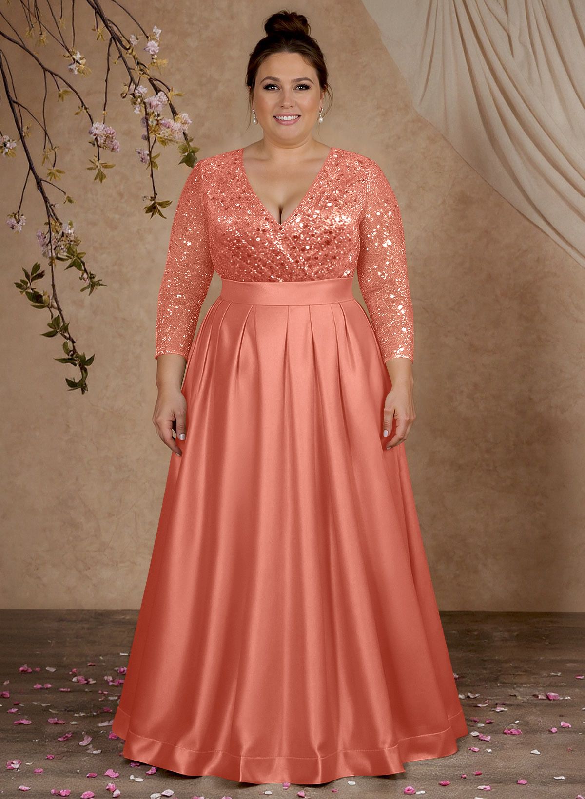A-Line V-Neck Long Sleeves Satin/Sequined Mother Of The Bride Dresses With Pleated