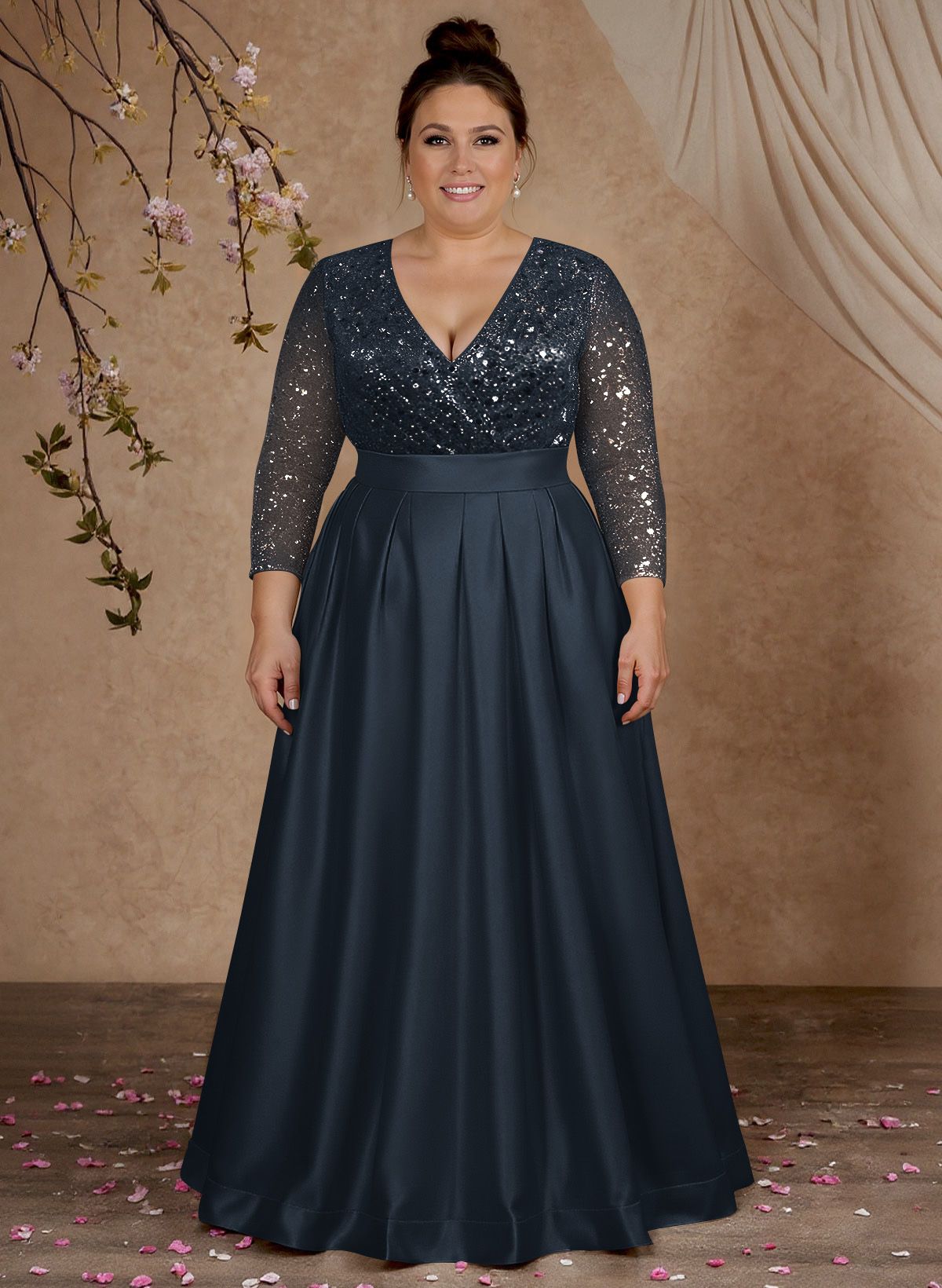 A-Line V-Neck Long Sleeves Satin/Sequined Mother Of The Bride Dresses With Pleated