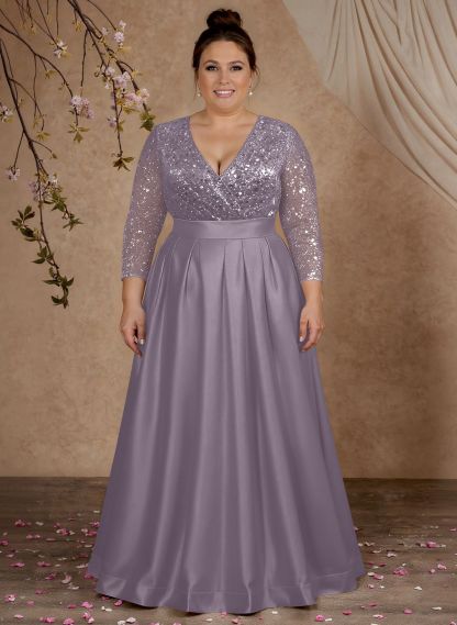A-Line V-Neck Long Sleeves Satin/Sequined Mother Of The Bride Dresses With Pleated