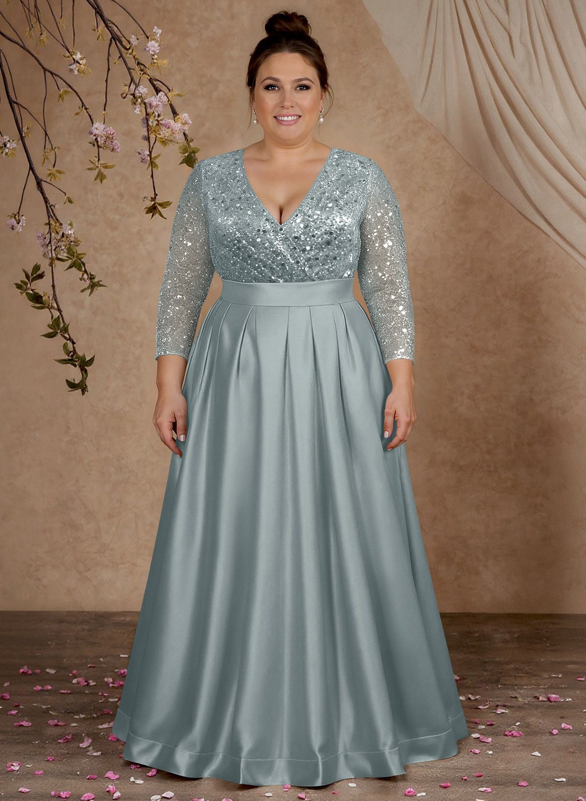 A-Line V-Neck Long Sleeves Satin/Sequined Mother Of The Bride Dresses With Pleated