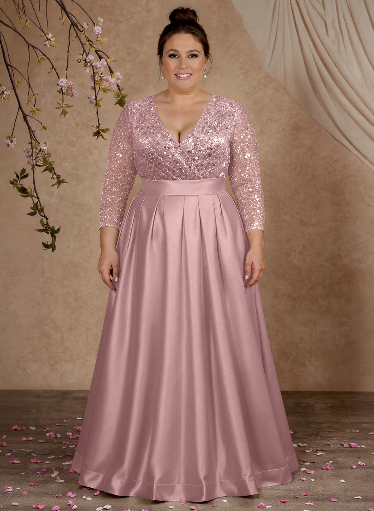 A-Line V-Neck Long Sleeves Satin/Sequined Mother Of The Bride Dresses With Pleated