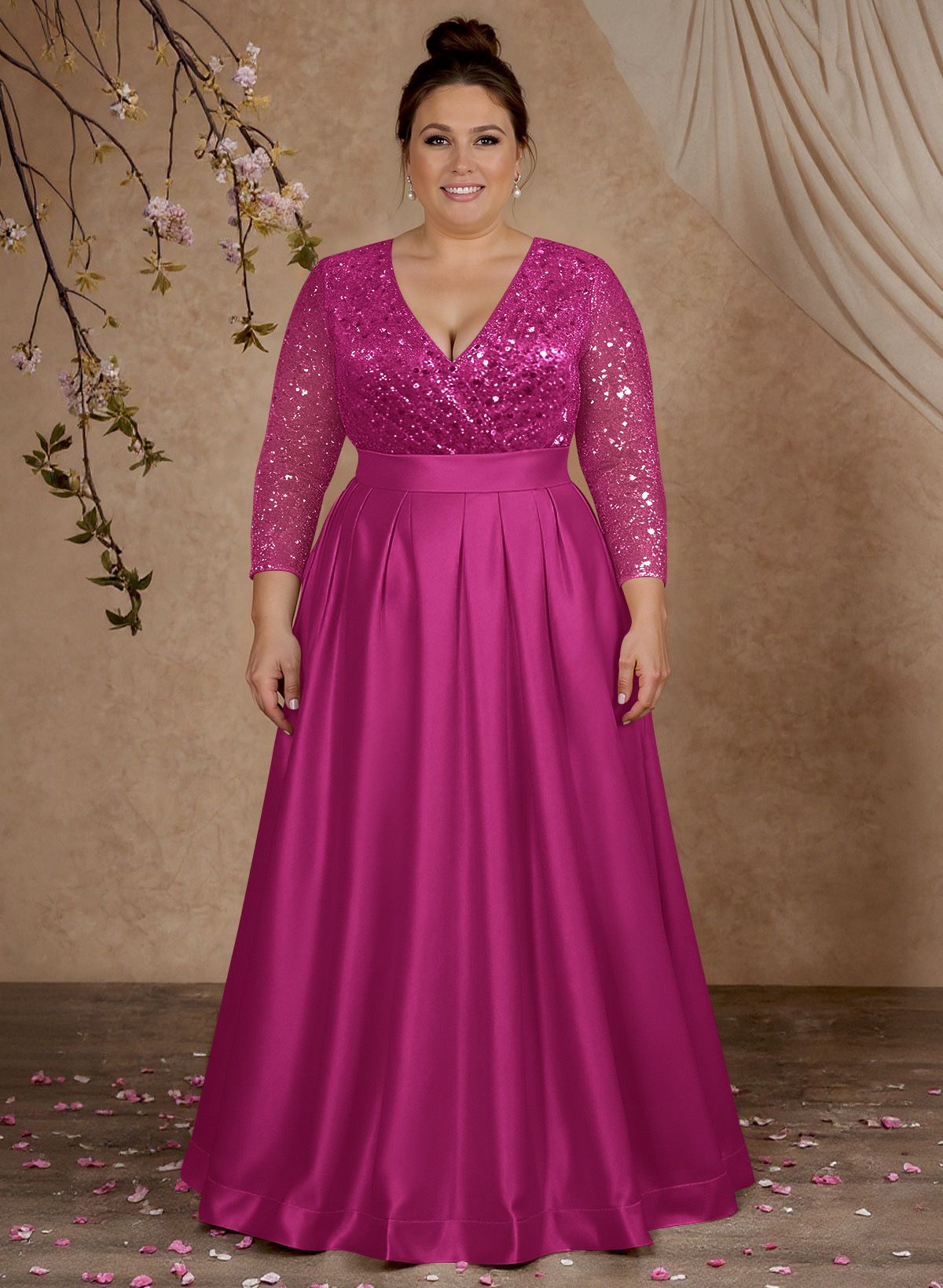 A-Line V-Neck Long Sleeves Satin/Sequined Mother Of The Bride Dresses With Pleated