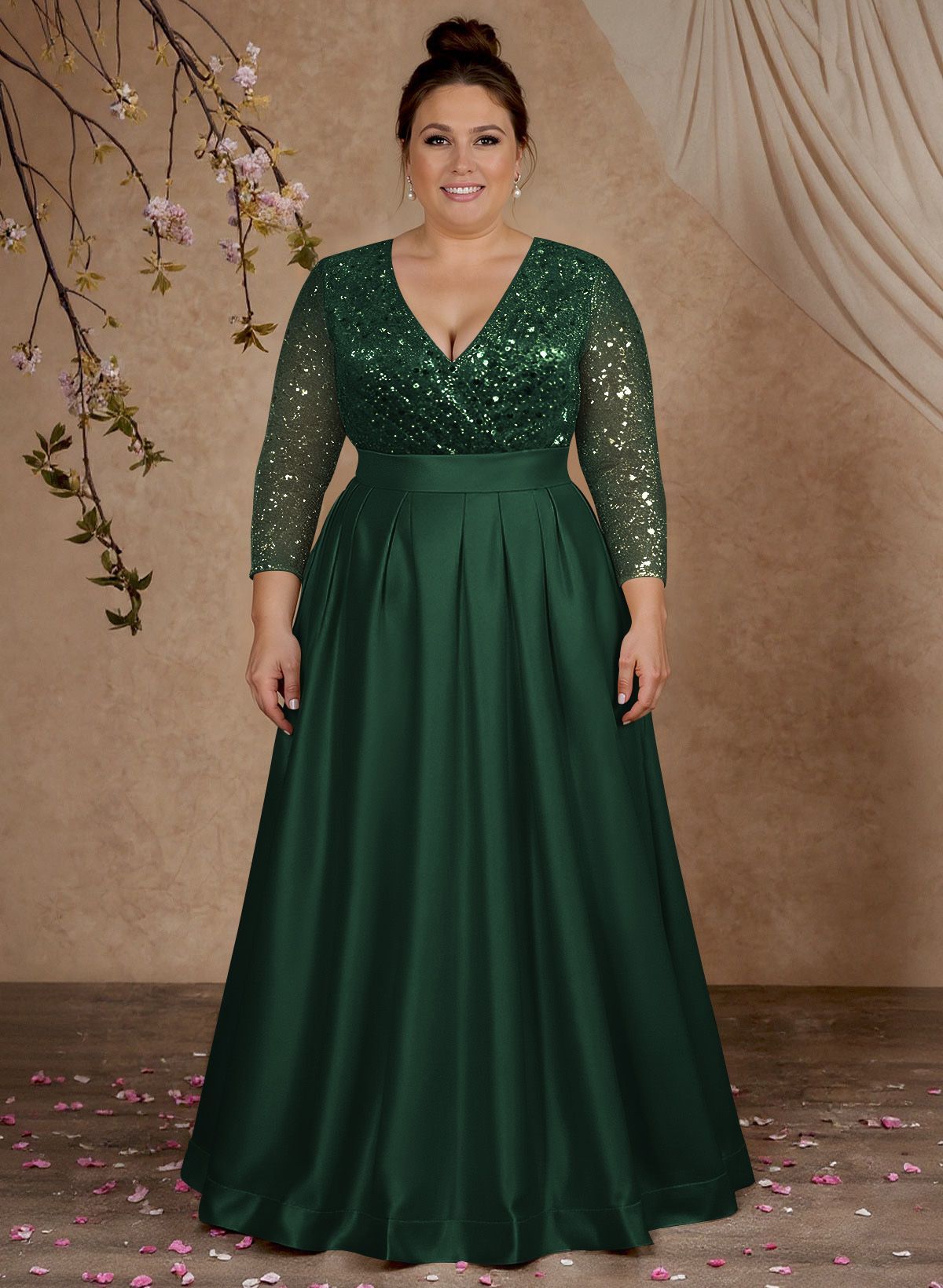 A-Line V-Neck Long Sleeves Satin/Sequined Mother Of The Bride Dresses With Pleated