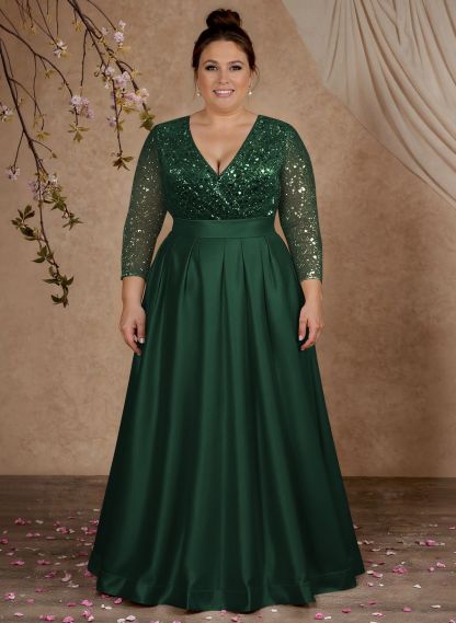 A-Line V-Neck Long Sleeves Satin/Sequined Mother Of The Bride Dresses With Pleated