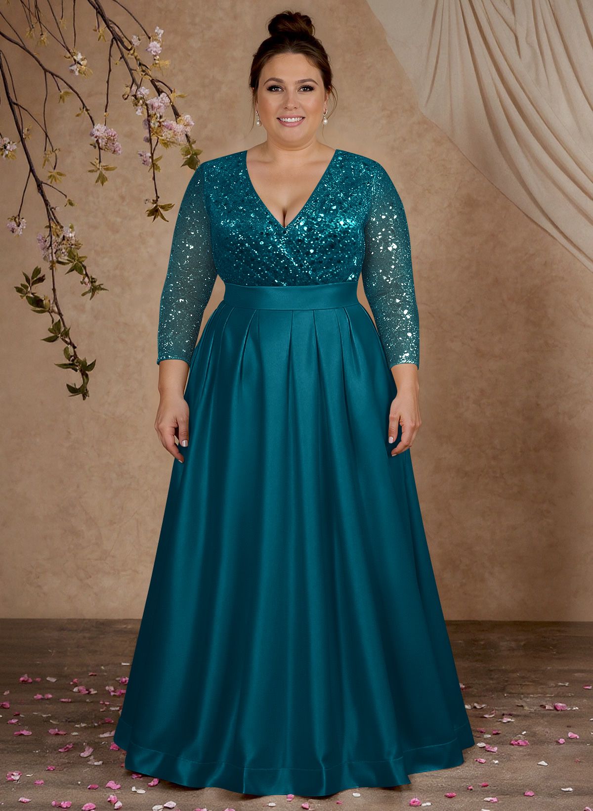 A-Line V-Neck Long Sleeves Satin/Sequined Mother Of The Bride Dresses With Pleated