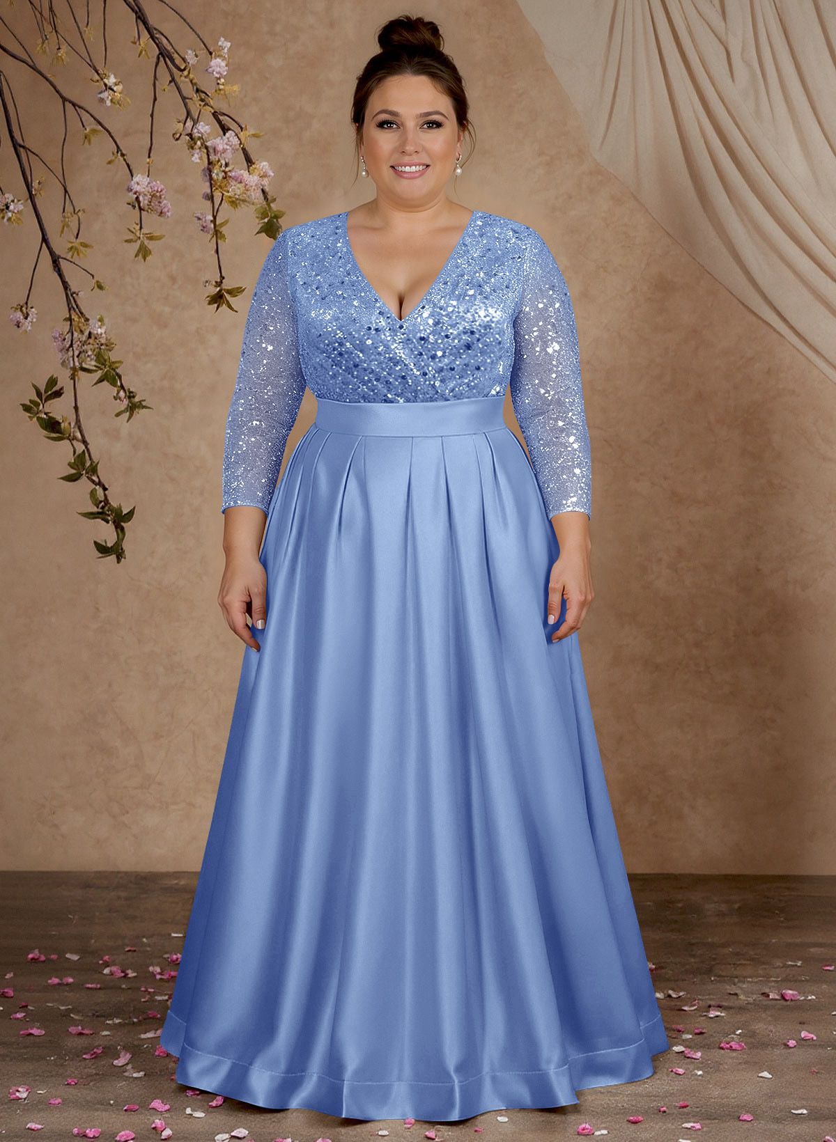 A-Line V-Neck Long Sleeves Satin/Sequined Mother Of The Bride Dresses With Pleated