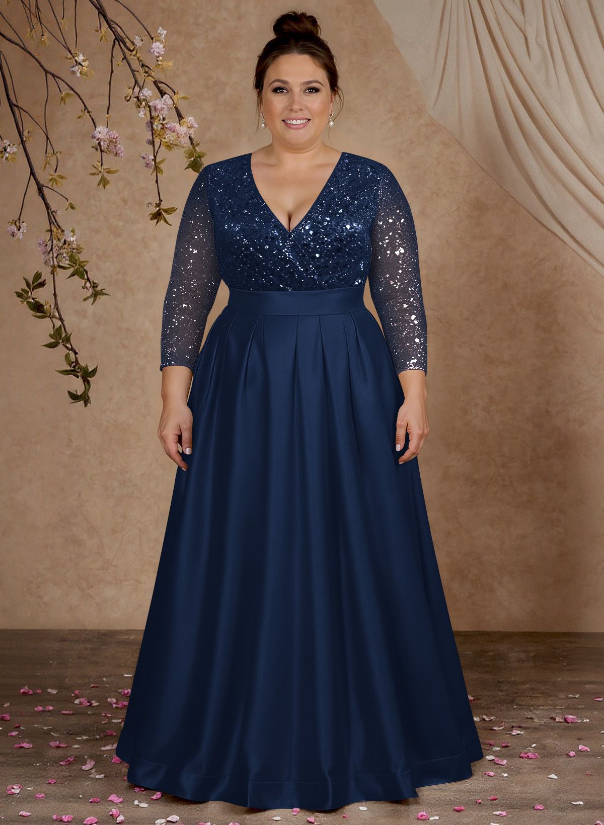 A-Line V-Neck Long Sleeves Satin/Sequined Mother Of The Bride Dresses With Pleated