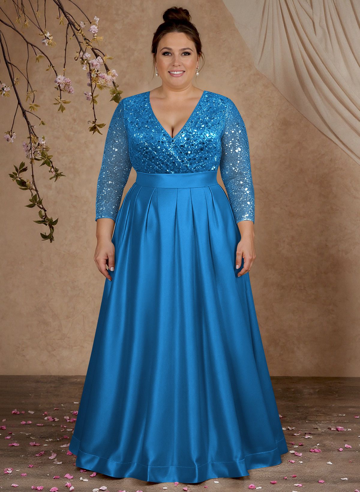 A-Line V-Neck Long Sleeves Satin/Sequined Mother Of The Bride Dresses With Pleated