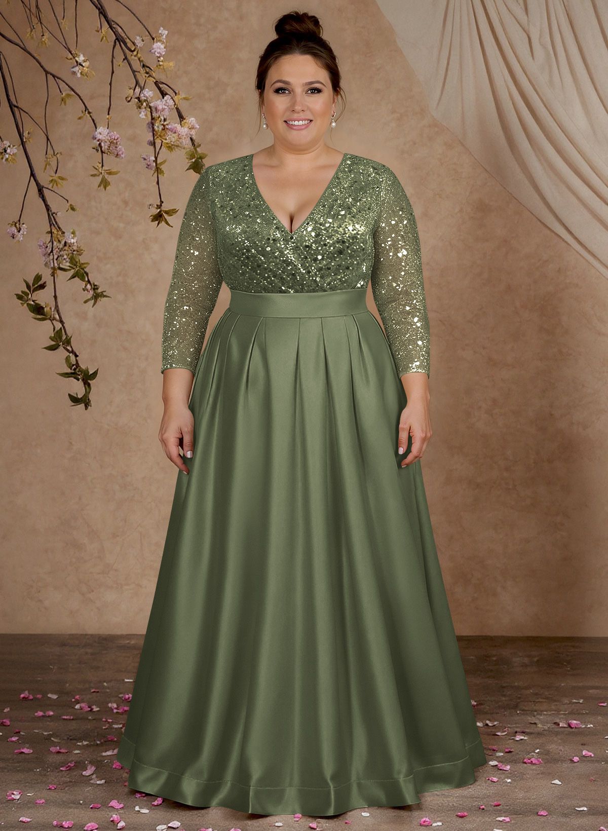A-Line V-Neck Long Sleeves Satin/Sequined Mother Of The Bride Dresses With Pleated