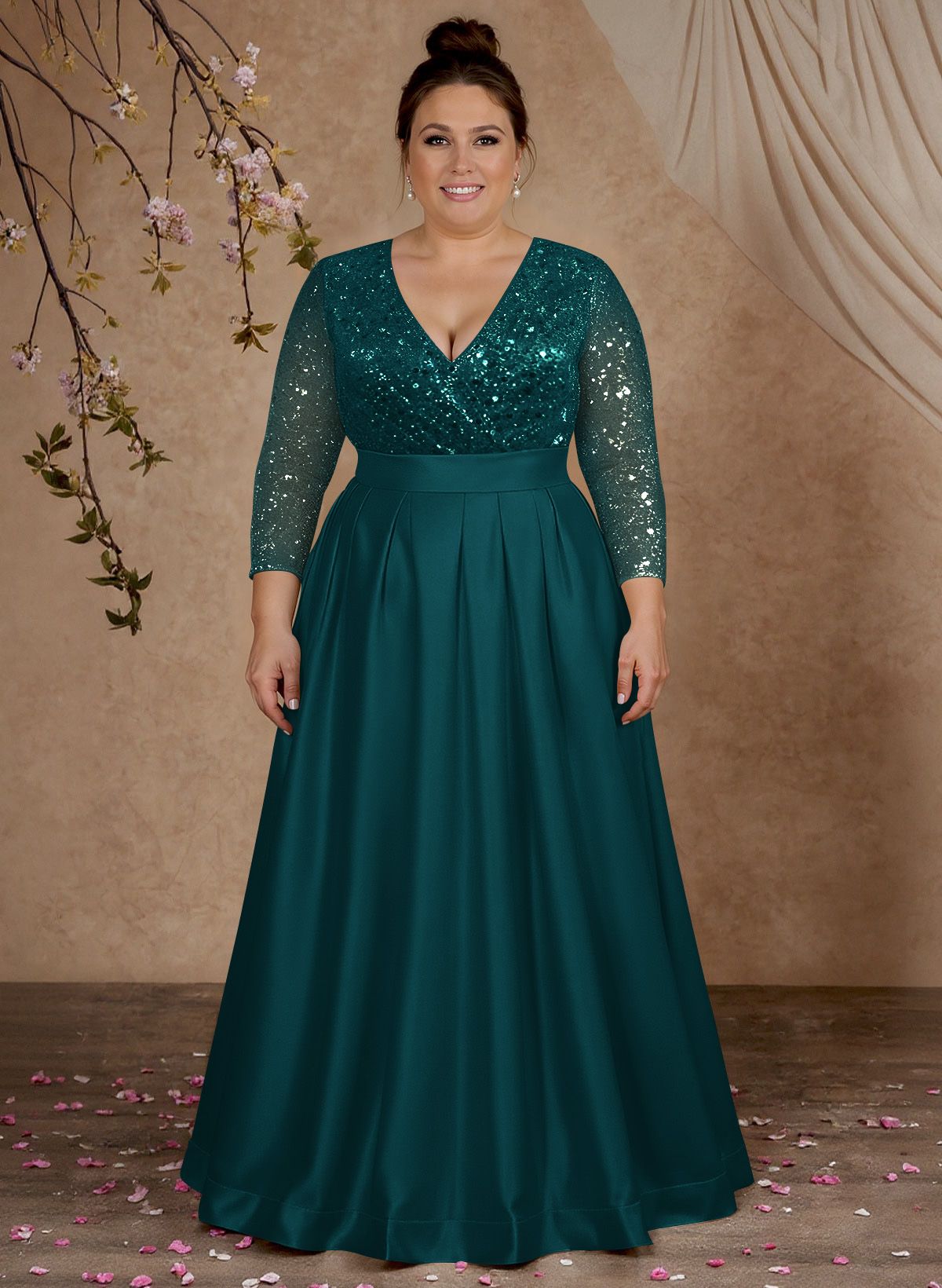 A-Line V-Neck Long Sleeves Satin/Sequined Mother Of The Bride Dresses With Pleated