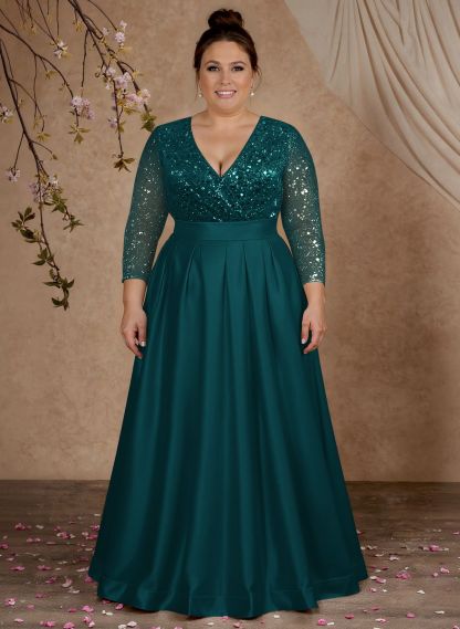 A-Line V-Neck Long Sleeves Satin/Sequined Mother Of The Bride Dresses With Pleated