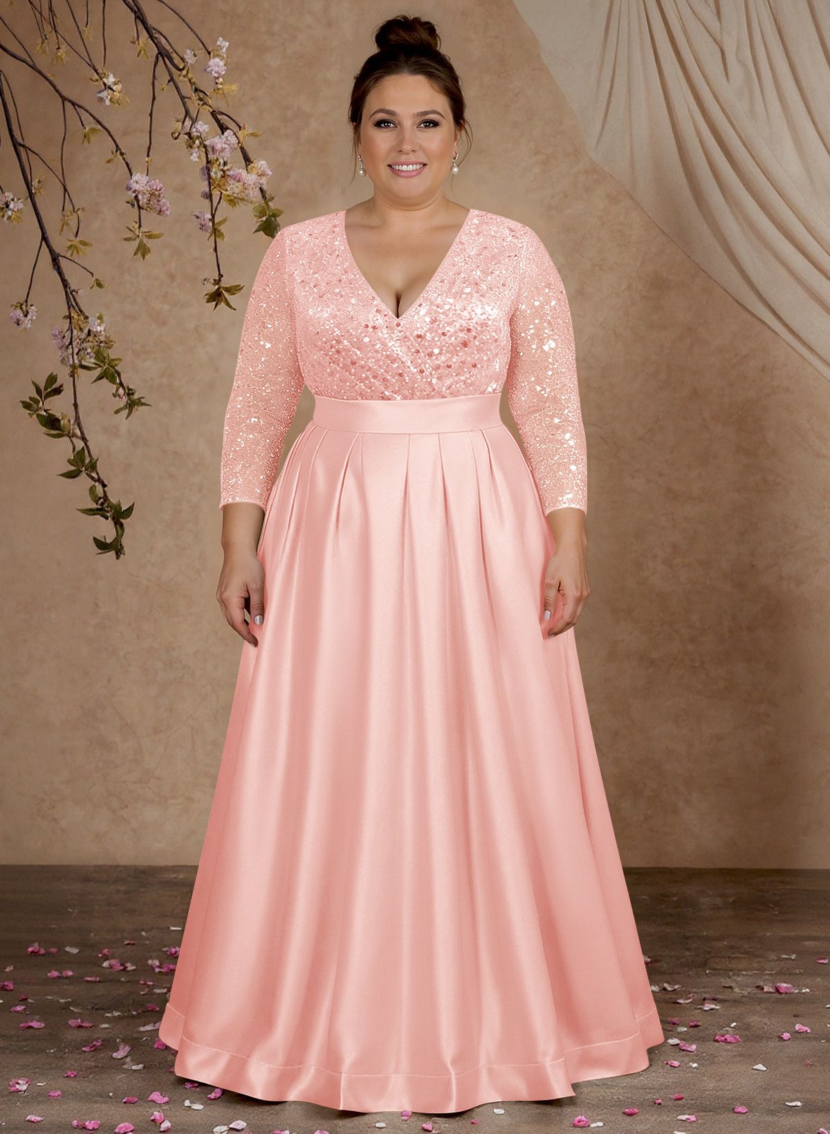 A-Line V-Neck Long Sleeves Satin/Sequined Mother Of The Bride Dresses With Pleated