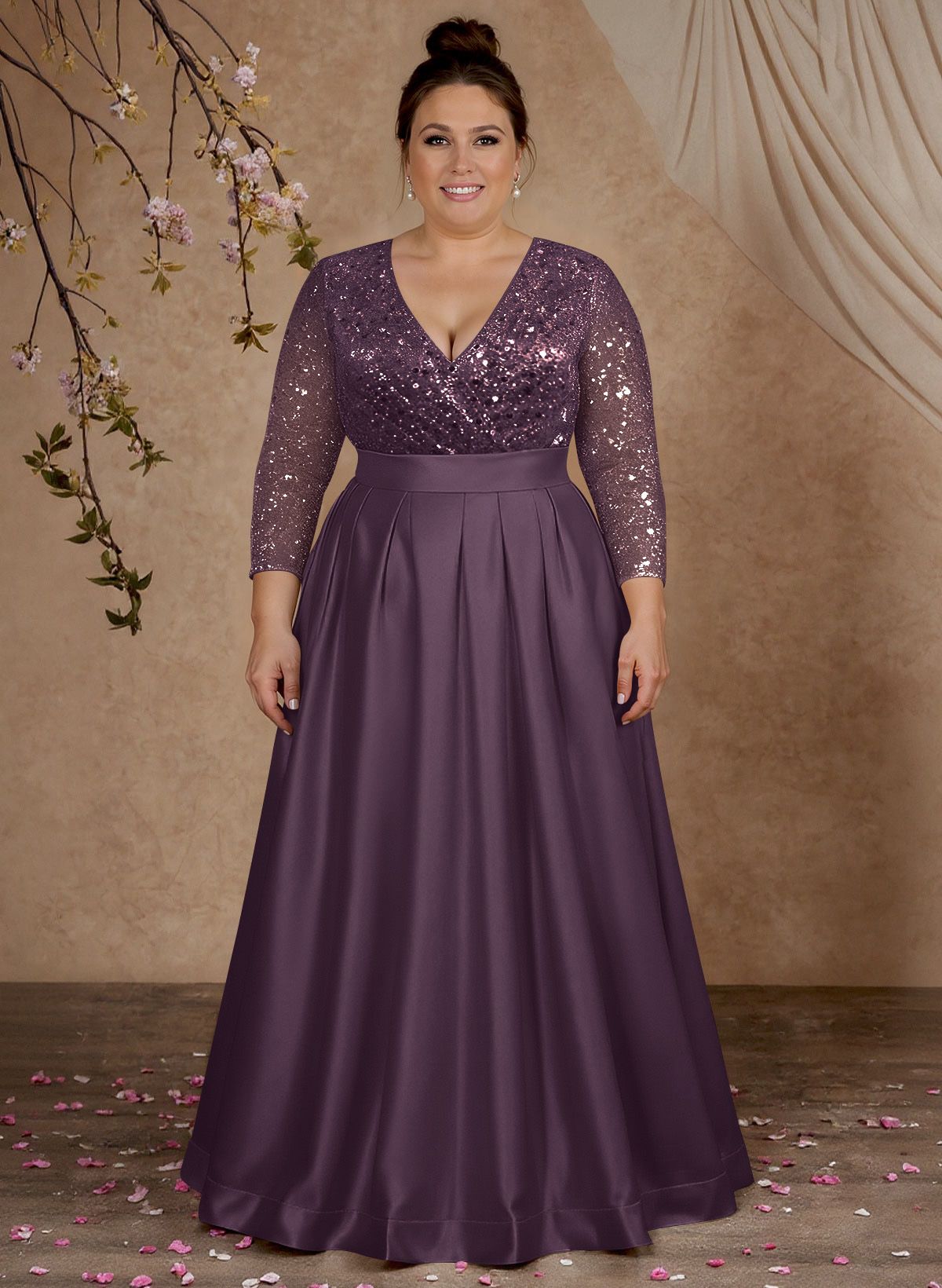 A-Line V-Neck Long Sleeves Satin/Sequined Mother Of The Bride Dresses With Pleated