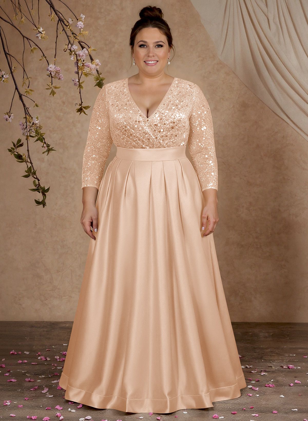 A-Line V-Neck Long Sleeves Satin/Sequined Mother Of The Bride Dresses With Pleated