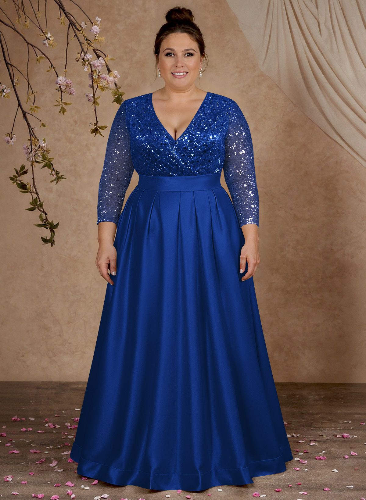 A-Line V-Neck Long Sleeves Satin/Sequined Mother Of The Bride Dresses With Pleated