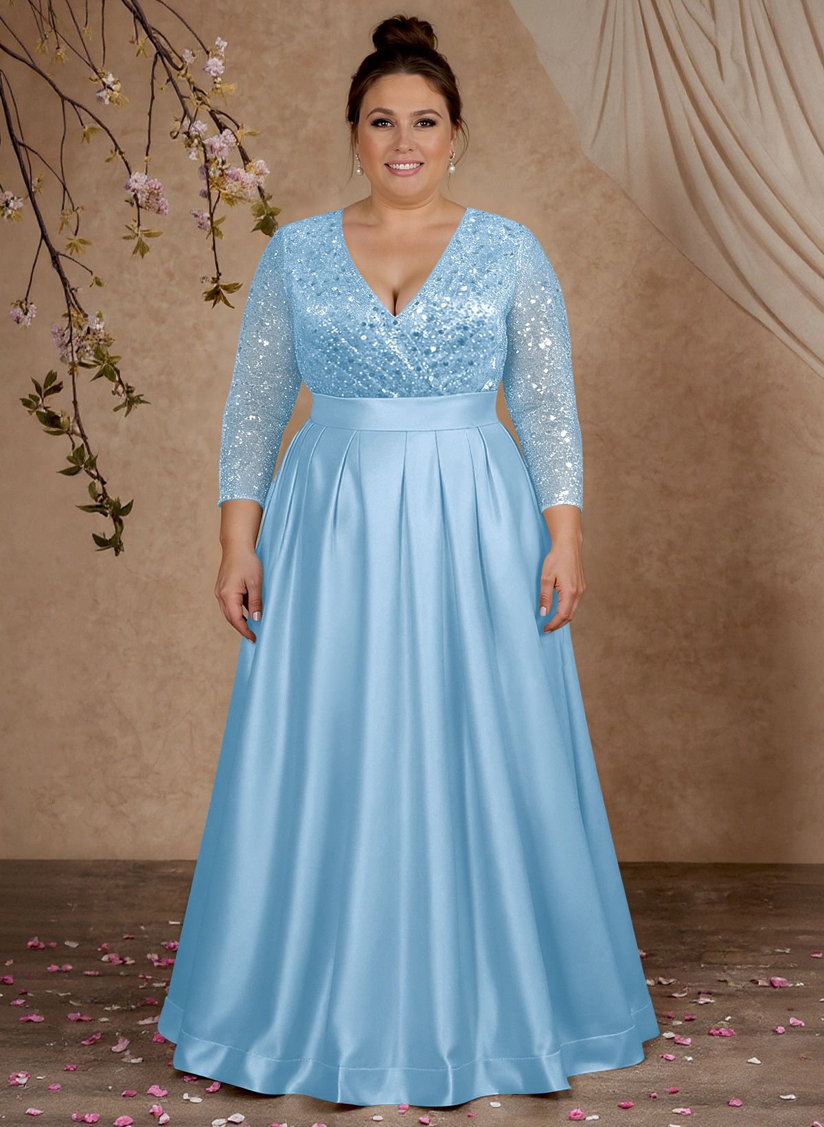 A-Line V-Neck Long Sleeves Satin/Sequined Mother Of The Bride Dresses With Pleated