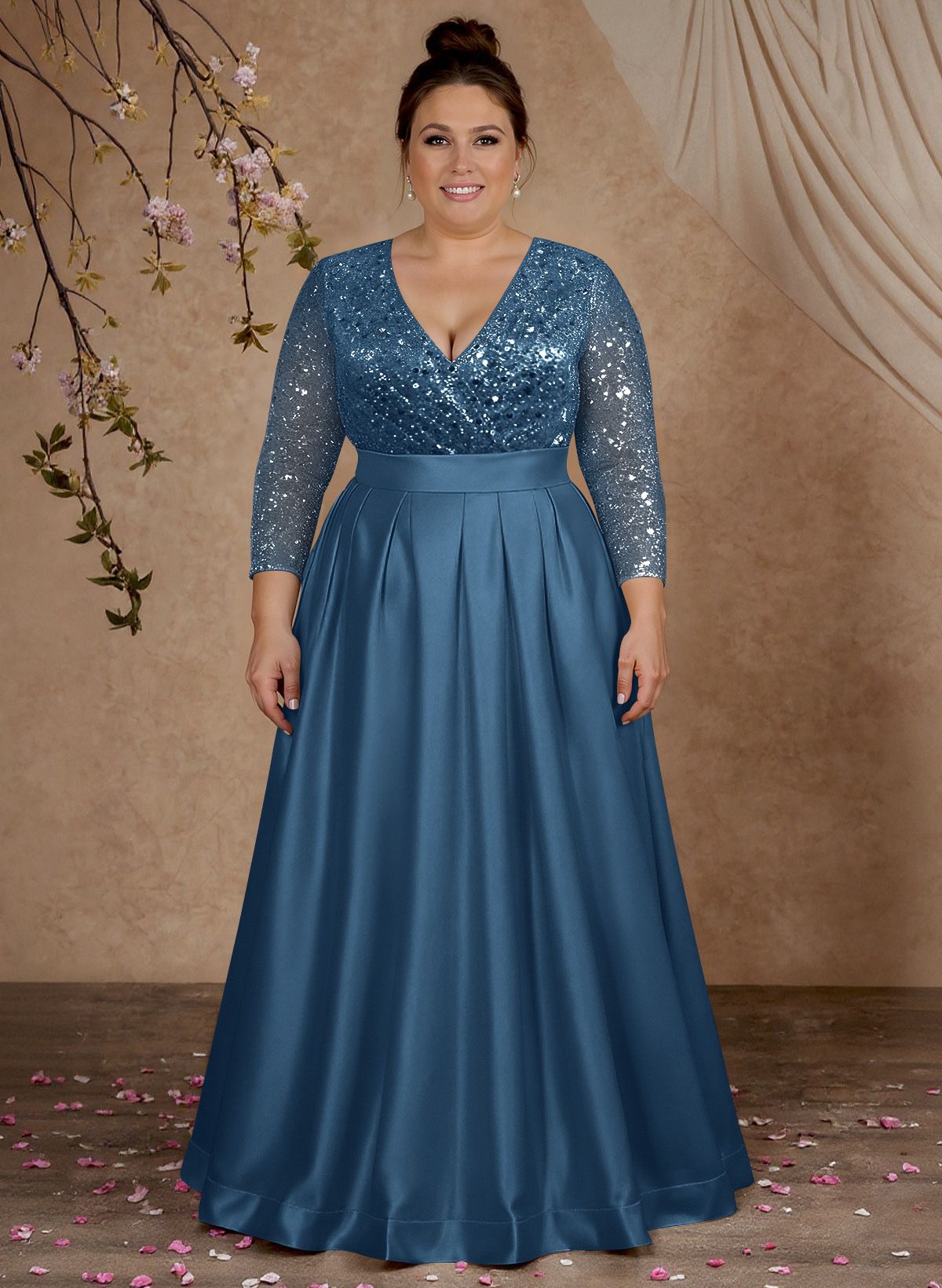 A-Line V-Neck Long Sleeves Satin/Sequined Mother Of The Bride Dresses With Pleated