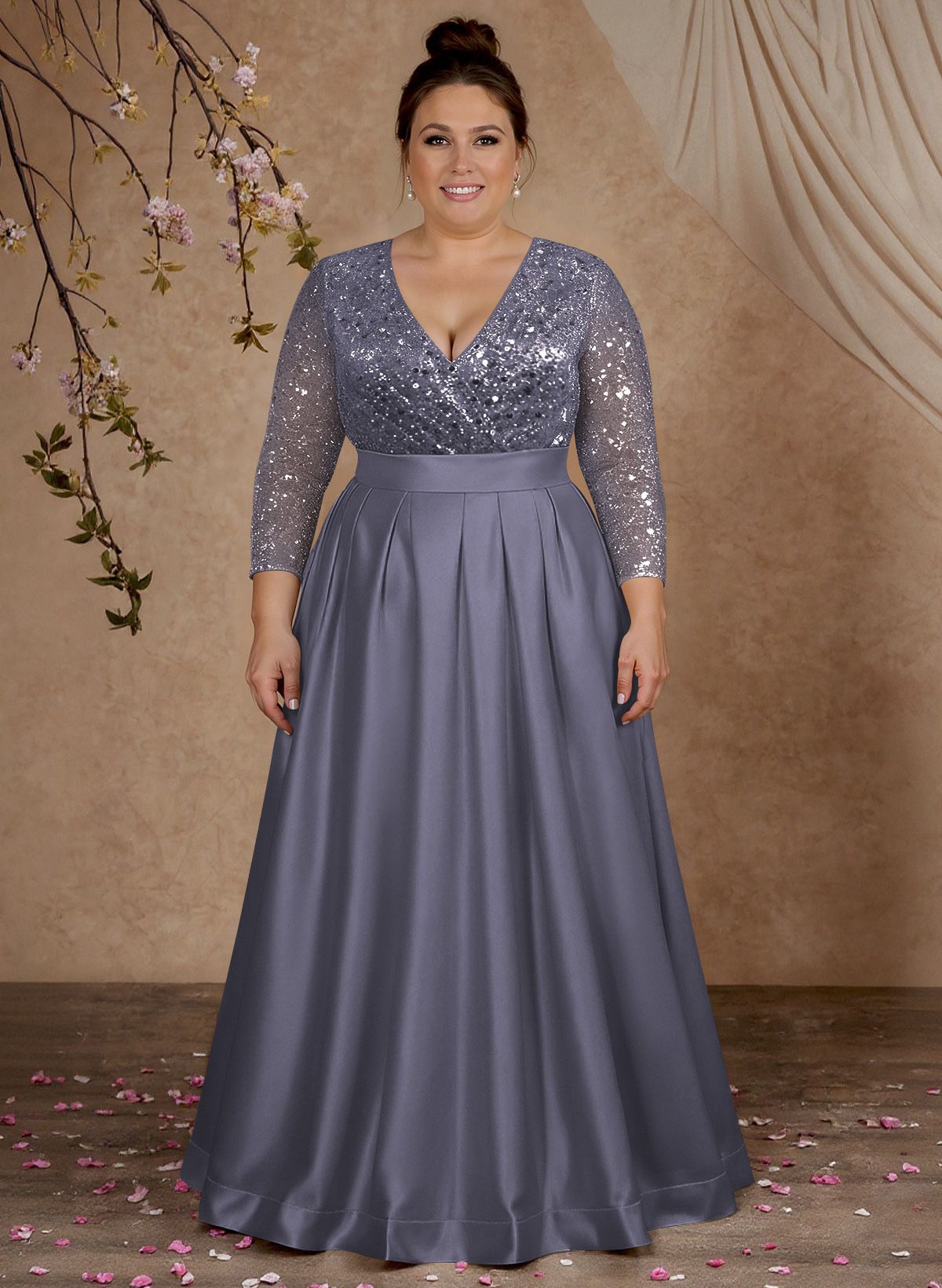 A-Line V-Neck Long Sleeves Satin/Sequined Mother Of The Bride Dresses With Pleated
