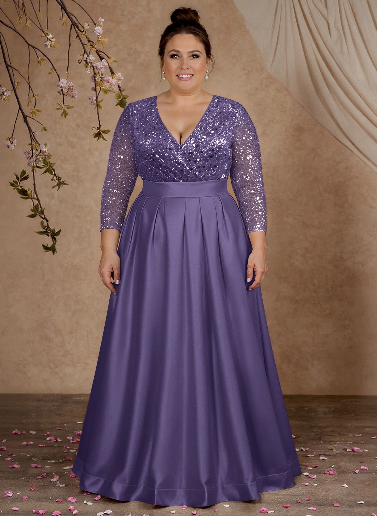 A-Line V-Neck Long Sleeves Satin/Sequined Mother Of The Bride Dresses With Pleated
