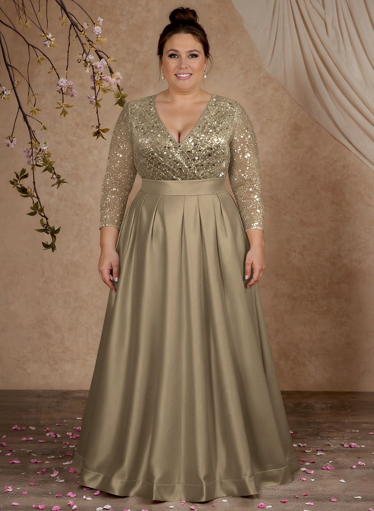 A-Line V-Neck Long Sleeves Satin/Sequined Mother Of The Bride Dresses With Pleated