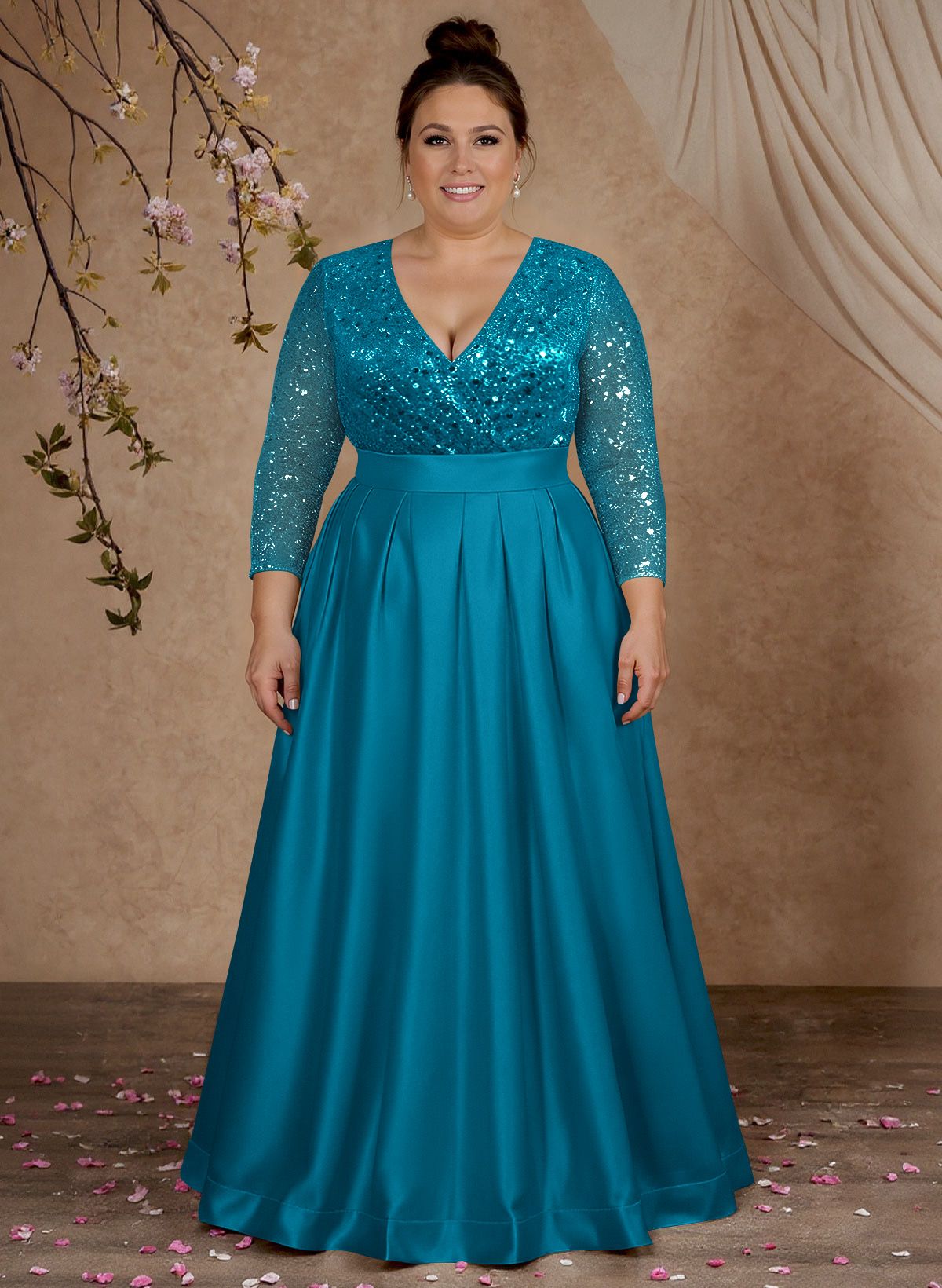 A-Line V-Neck Long Sleeves Satin/Sequined Mother Of The Bride Dresses With Pleated