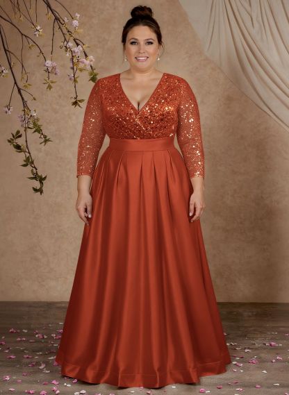 A-Line V-Neck Long Sleeves Satin/Sequined Mother Of The Bride Dresses With Pleated