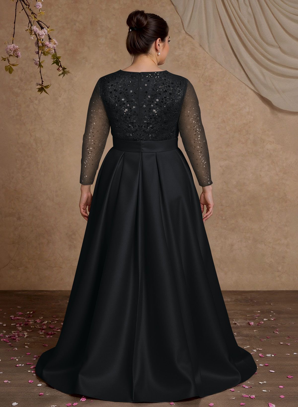 A-Line V-Neck Long Sleeves Satin/Sequined Mother Of The Bride Dresses With Pleated