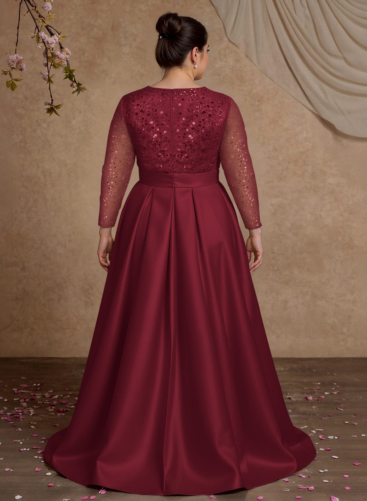 A-Line V-Neck Long Sleeves Satin/Sequined Mother Of The Bride Dresses With Pleated