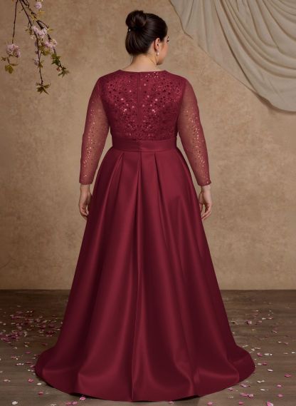 A-Line V-Neck Long Sleeves Satin/Sequined Mother Of The Bride Dresses With Pleated